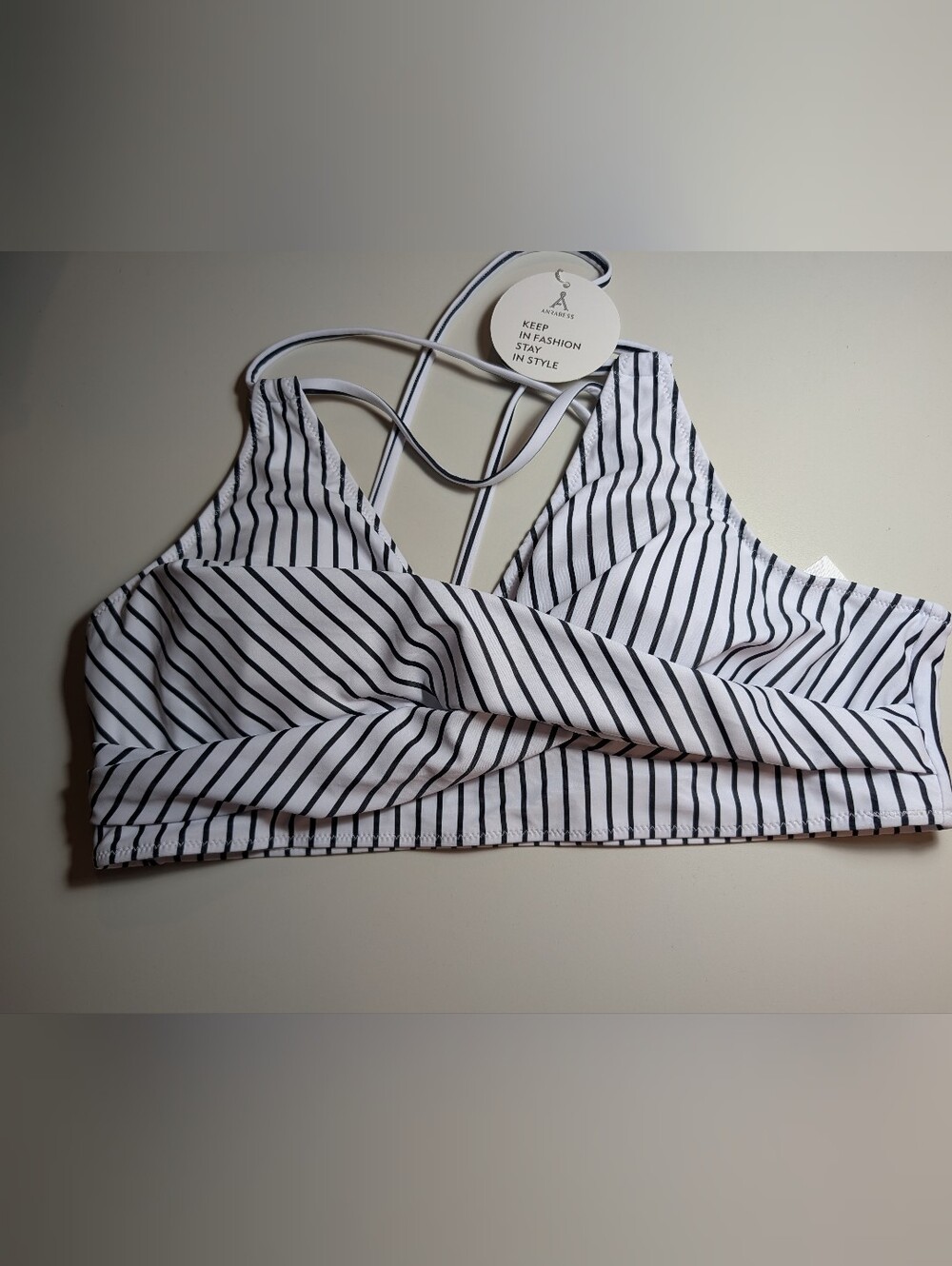Anrabess Woman's XL Striped White and Blue Cross-Front Swim Top NWT